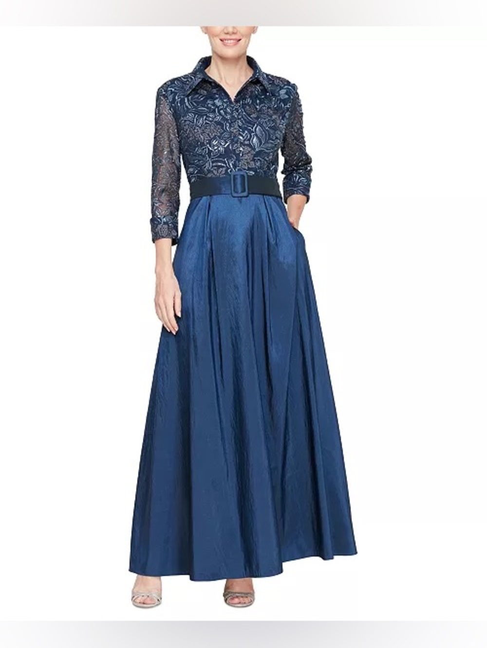 Alex Evenings Navy Lace Bodice with Belted Taffeta Maxi Dress Size 18 NWT